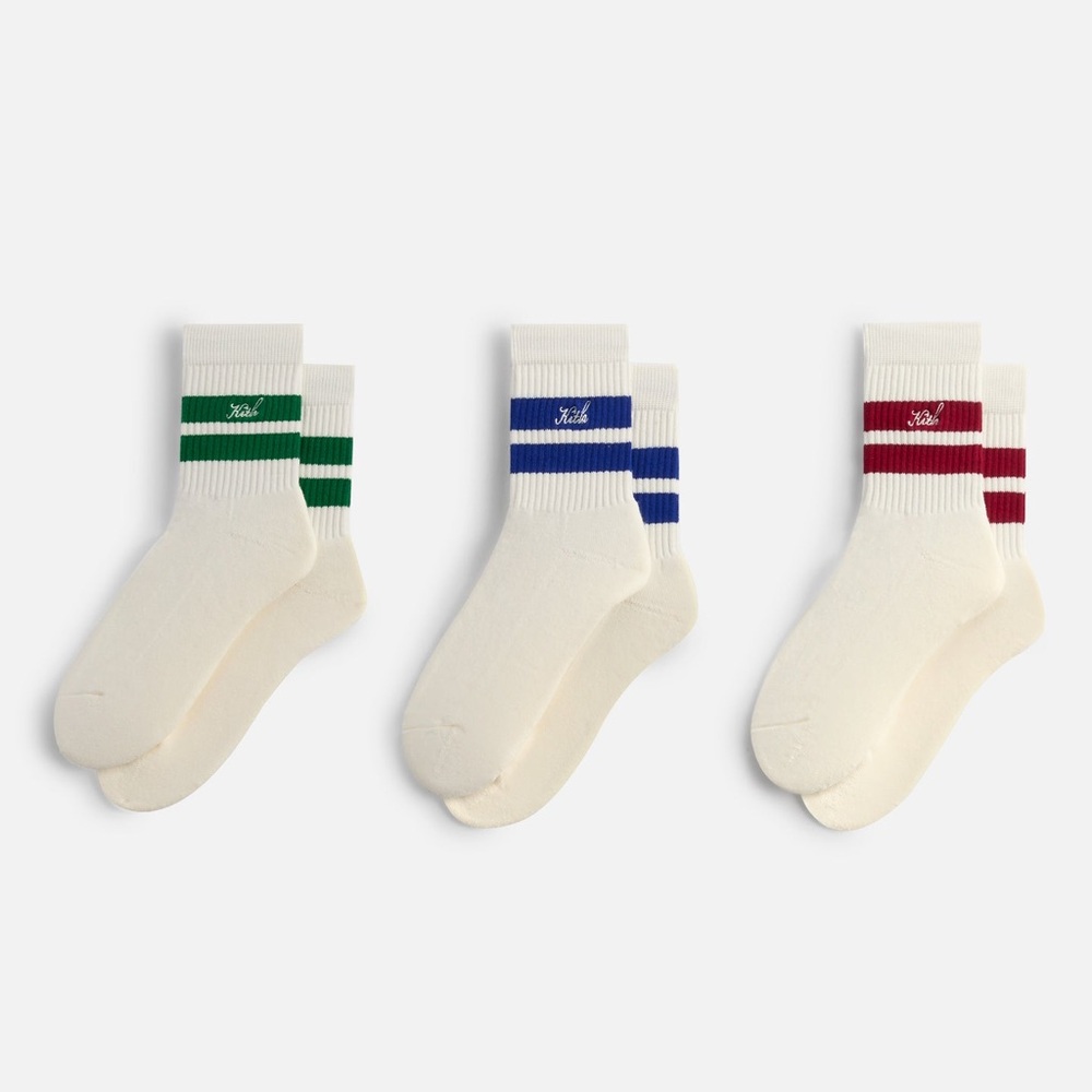 Kith 3-Pack Striped Mid Crew White Socks Embroidered Logo One Size Cotton Blend
